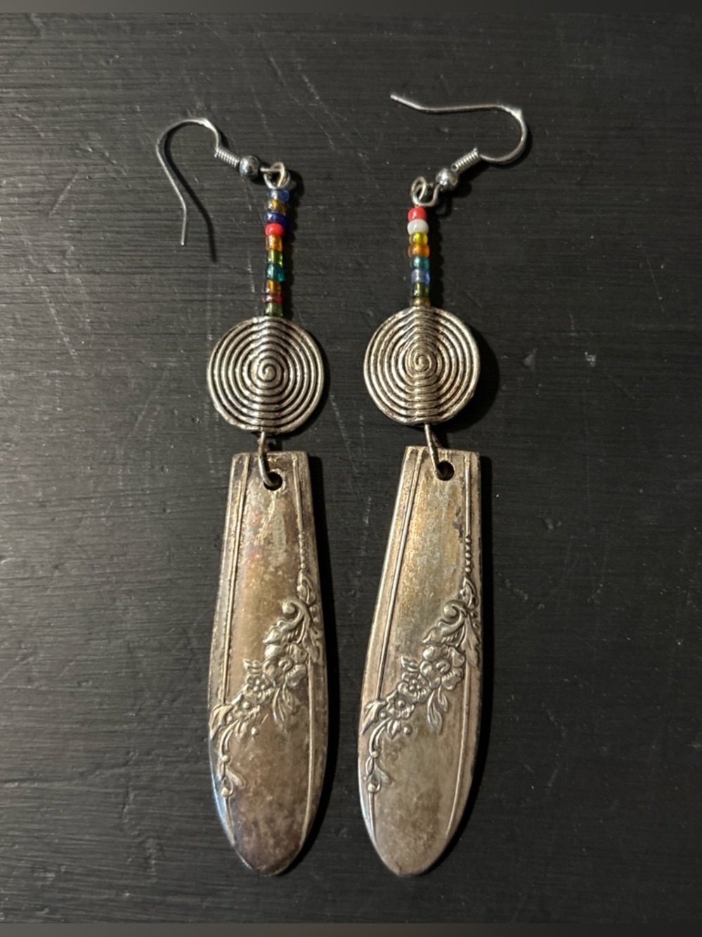 Spoon Silver-Tone Floral Drop Earrings with Multicolor Beads